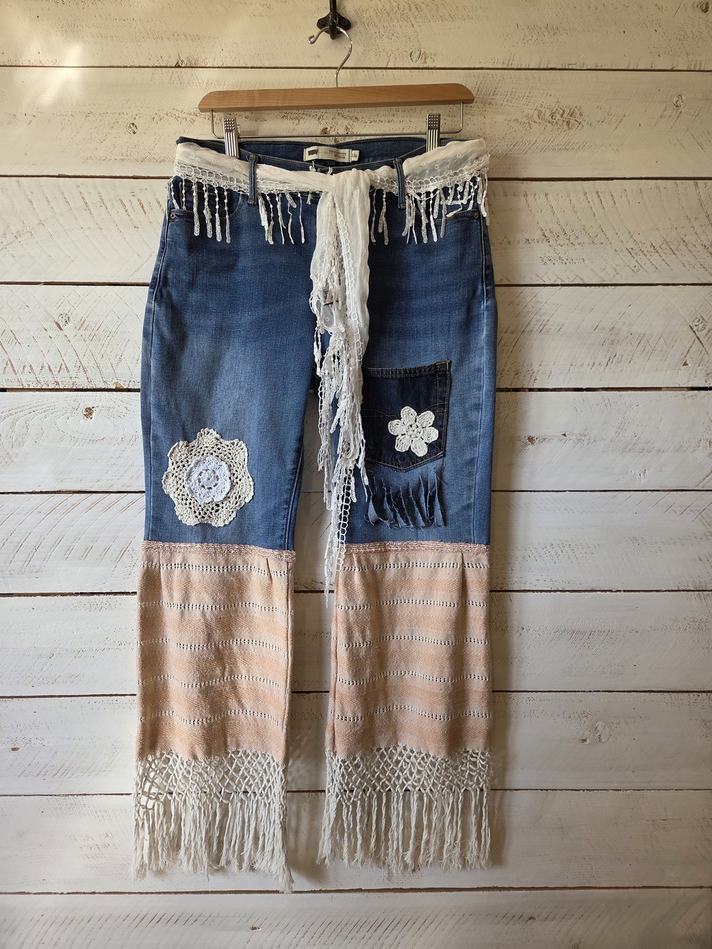 Levi's Bohemian Scrappy Patchwork Denim Jeans in Blue and Cream